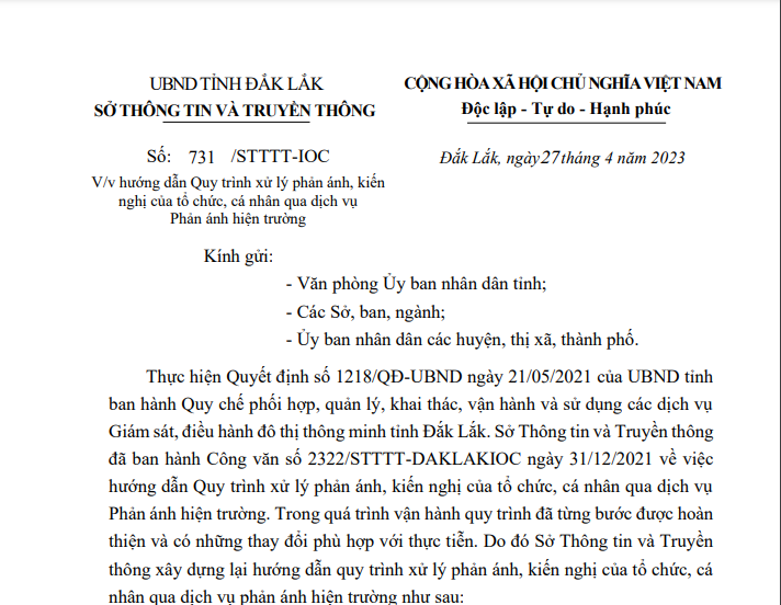 Công văn số: 731/STTTT-IOC về việc hướng dẫn Quy trình xử lý phản ánh, kiến nghị của tổ chức, cá nhân qua dịch vụ Phản ánh hiện trường
